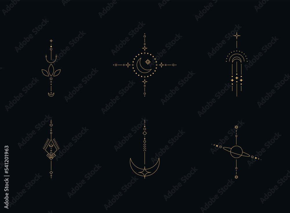 Sticker set of moon and sun line art. minimal boho linear symbols. celestial mystic element. vector line art