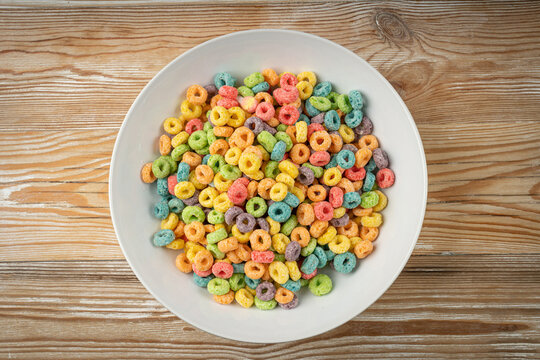 Colorful Breakfast Rings. Fruit Loops, Fruity Cereal Rings, Colorful Corn Cereals