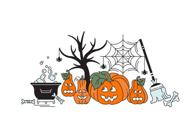 Happy halloween banner. Vector colored background. Pumpkins, tree, web.
