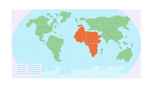 Animated world map element. Geography classroom display. Continents and countries. Flat cartoon style HD video footage with alpha channel. Color illustration on transparent background for animation