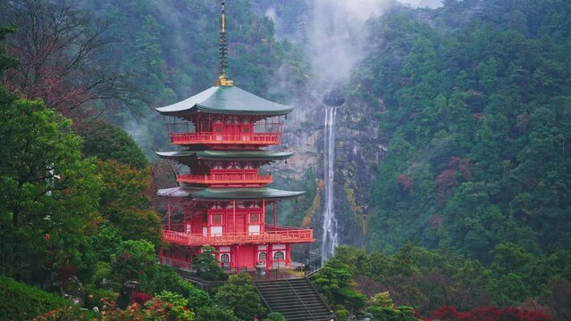 Nachi waterfall with red pagoda, Nachi, Wakayama, Japan