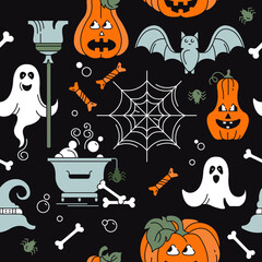 Seamless Halloween pattern. Background. Vector, color illustration. Pumpkin, web, ghost, bat, broom.
