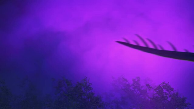 A magnificent dragon flies over the bending trees from the wind into a hurricane. Strong wind, lightning flashes, purple glow. 3d loop animation