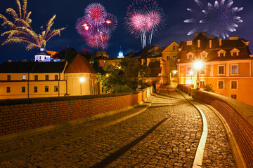 New year celebrate fireworks over Old Town of Lublin. Poland, Europe - obrazy, fototapety, plakaty