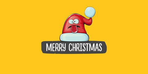 Vector cartoon Santa Claus red hat with smile face isolated on orange horizontal bannner background. Merry Christmas greeting banner with funny monster Santa Claus hat. Santa hat