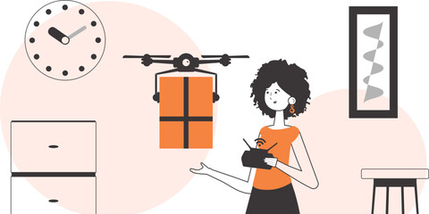 The girl delivers the package by drone. Drone delivery concept. Linear trendy style.