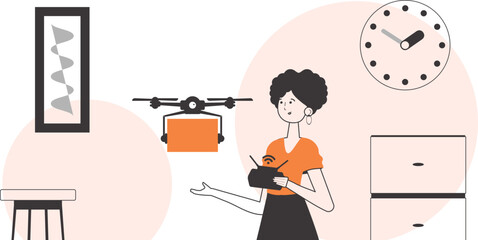 The girl delivers the package by drone. Drone delivery concept. Minimalistic linear style.