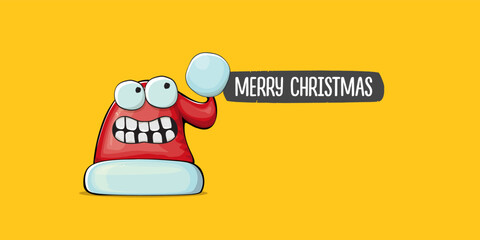 Vector cartoon Santa Claus red hat with smile face isolated on orange horizontal bannner background. Merry Christmas greeting banner with funny monster Santa Claus hat. Santa hat