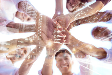 Hands, hologram and overlay on team in digital, 3d or animation for success, company or startup. Motivation, group and holographic with people, together or smile for tech, finance or fintech business