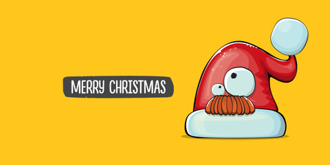 Vector cartoon Santa Claus red hat with smile face isolated on orange horizontal bannner background. Merry Christmas greeting banner with funny monster Santa Claus hat. Santa hat