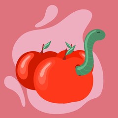 Cute bright illustration with apple and worm.Template,background,wallpaper with apple and worm.Worm on apple.Bright illustration with worm and apple