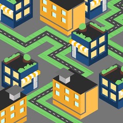 Isometric building.Beautiful building in 2D. Illustration of beautiful buildings.Buildings and roads.Cafes and stores. Template,background,wallpaper with 2D knowledge