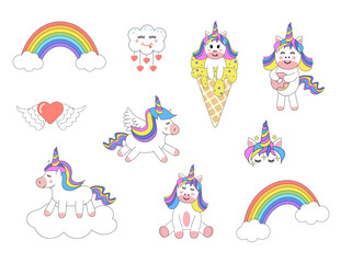 Cute unicorns, rainbows, cloud set. Magical kawaii characters. Design for stickers, cards, posters, t-shirts, invitations, baby shower, birthday, room decor.
