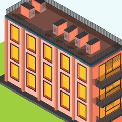 Isometric building.Beautiful building in 2D. Illustration of beautiful buildings.Buildings and roads.Cafes and stores. Template,background,wallpaper with 2D knowledge