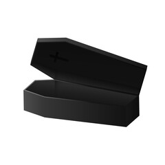 Black open coffin with lid. Mystery burial box for burial of dead in cemetery according to religious custom and creepy bedroom for vector vampires