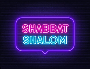 Shabbat Shalom neon sign in the speech bubble on brick wall background. - obrazy, fototapety, plakaty