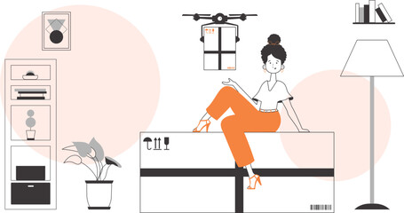 The girl sends a parcel with a drone. Drone delivery concept. Linear style.