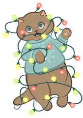 Merry Christmas greeting card with a cute cat. Funny cat in a sweater tangled in the garland. Isolated PNG illustration. Christmas cat.