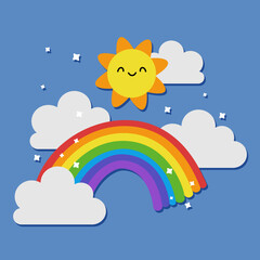 Happy sun, rainbow and cloud in the sky.