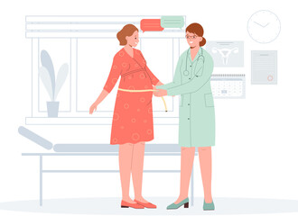 Gynecology doctor do check up of pregnant woman during appointment in clinic. Doctor measuring pregnant woman belly with tape. Healthy pregnancy concept