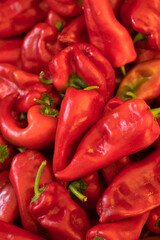 Red peppers on the market. Vertical shot, a close-up.