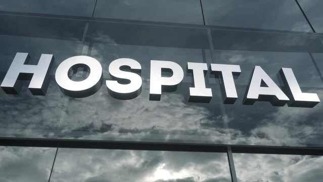 Emergency and hospital on glass skyscraper. Hospital glass building