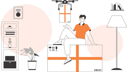 A man delivers a package by drone. The concept of cargo delivery by air. Linear style.