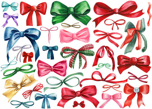 ribbons and bows, decorations on isolated white background, watercolor illustration
