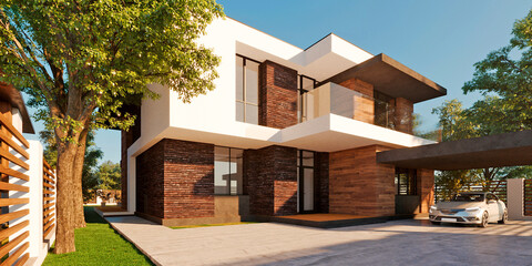 3D visualization of a modern house with a flat roof and panoramic windows. House with a terrace. Exterior. wooden facade