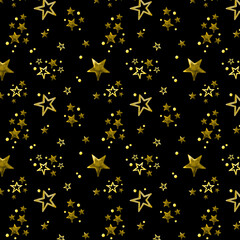 Seamless Pattern with Golden Stars on black Background. Hand drawn watercolor shiny night sky Print for wrapping paper or textile design. Dark backdrop for banner