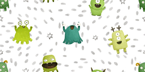 cute seamless pattern with monsters, childish illustration, baby design