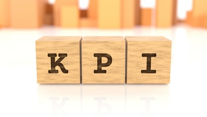 Word KPI branded on cube wood reflected on the shiny surface. Business concept. In the back are wooden cuboids in various shapes. (3D rendering)