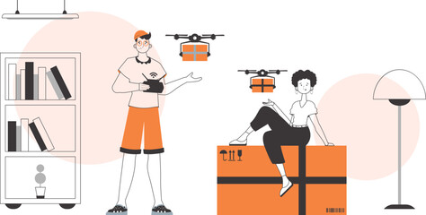 A man and a woman, the team delivers the package by drone. The concept of cargo delivery by air. Linear modern style.
