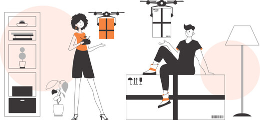 A man and a woman, the team delivers the package by drone. Drone delivery concept. Minimalistic linear style.