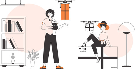 A man and a woman team sends a parcel by drone. Air delivery concept. Minimalistic linear style.