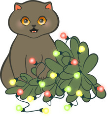 Merry Christmas greeting card with a cute cat. Funny cat dropped the Christmas tree. Isolated PNG Christmas cat. Cute kitten. Happy xmas pets greeting card.  