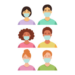 People in medical face masks. Man and women different nationalities wearing protection from virus.