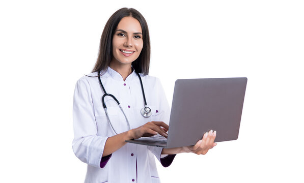 photo of nurse hold laptop for telehealth wear white coat. telehealth from nurse.