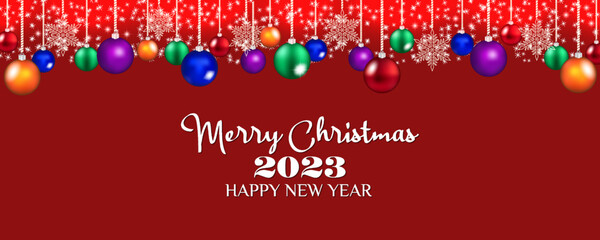 Naklejka premium Vector inscription Merry Christmas and Happy New Year 2023. Festive wide banner. Colored balls toys and white snowflakes on a red background