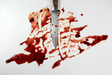 Real Red blood and knife on white background, Knife in blood