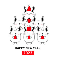 Happy Chinese New Year 2023. The year of the rabbit. Christmas tree bunny. Merry Christmas. Cute cartoon kawaii pet. Doodle line hare set. Red hat. Xmas ball toy. Flat design. White background.