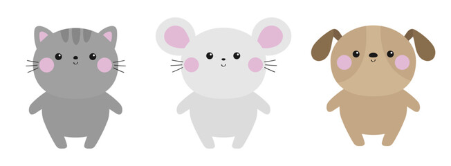 Cat dog mouse icon set. Funny head face. Pink cheek. Cute funny kawaii doodle baby animal. Cartoon character. Two friends. Pet collection. Kitten kitty puppy pooch. Flat design. White background.