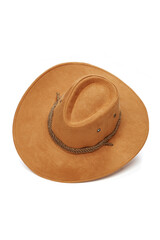 Close-up shot of a light brown wide-brimmed cowboy hat with a chin strap. The men's cowboy hat is isolated on a white background. Diagonal top view.