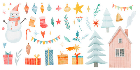 Watercolor Christmas set with cute house, Christmas trees, gifts, snowman, decorations isolated on white background