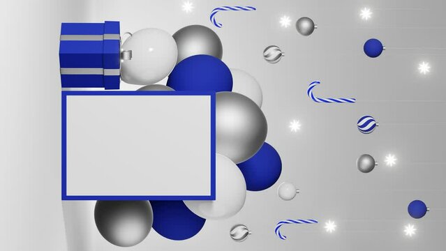 Christmas greeting card A4 mockup vertical 3d animation Blank picture frame template blue silver snowflake balloons candy cane balls gift box. Shop winter discount promo banner. New Year Special offer