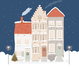Christmas building facade with decorations, wreath, lights and Christmas tree. Cute snowy city landscape with houses exterior. Holiday decor, garlands, outside view. Vector illustration 