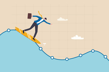 Survive in stock market volatility, professional to smooth ride in market downturn, recession, investment fluctuation or market up and down, confidence businessman surfing on stock market wave chart.