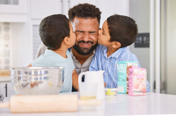 Fototapeta na wymiar Father, cooking kiss and children in a home kitchen for baking food with love, care and happiness. Happy black man dad and kids smile together in a family home making food and bonding at a house