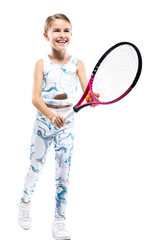 Young female tennis player. Little girl posing with racket and ball isolated on white background.