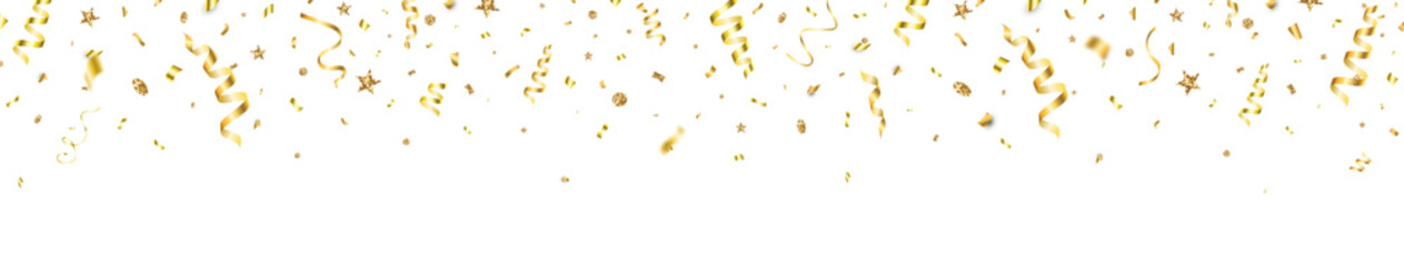 Gold confetti with glitter stars banner. Christmas Holiday frame. Anniversary celebration background. Falling shiny golden confetti. Luxury festive tinsel. Birthday party backdrop. Vector illustration